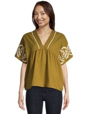 Boho Embroidered Olive Green V-Neck Women’s Top